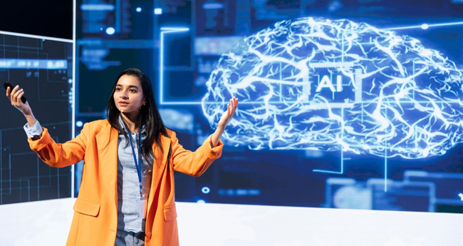 Woman presenting artificial intelligence concepts with digital brain graphics in background