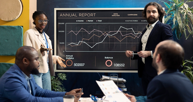 Group of professionals in a strategy meeting, showcasing teamwork and client dialogue