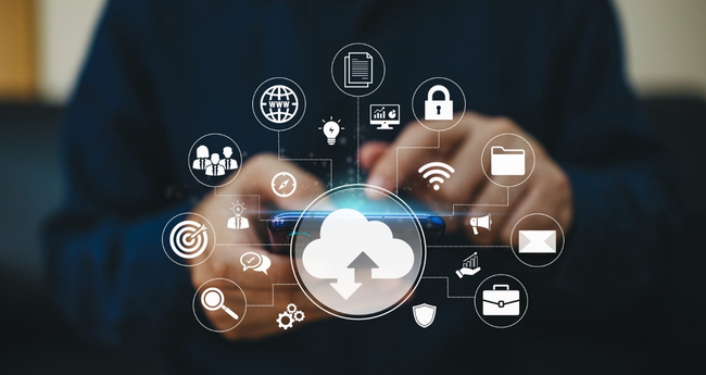 Close-up of digital interface showing cloud technology and IT service icons on screen