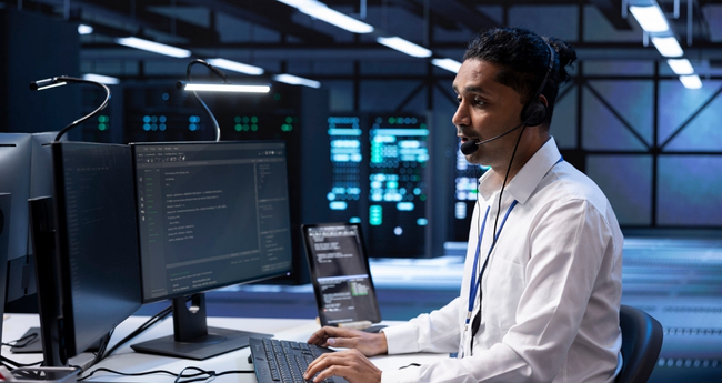 Developer writing code on laptop in a dark-themed workspace