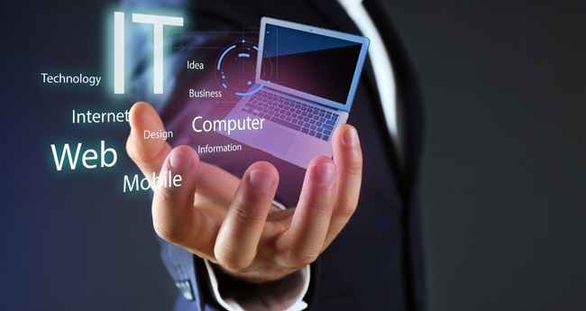 Outstretched hand with overlay of laptop and tech-related terms like web, mobile and computer, symbolizing Eccera’s digital-first mindset and innovation