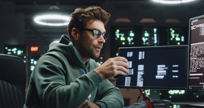 Male developer coding at night in a high-security tech environment